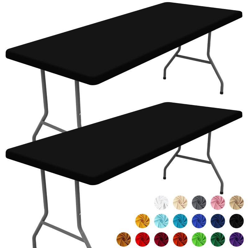 Moosfor Spandex 8 Foot Rectangle Table Cloth 2 Pack Elastic Fitted Tablecloths for Picnic Stretch Washable Patio Table Cover for Outdoor Camping Banquet and Parties Black 30x96