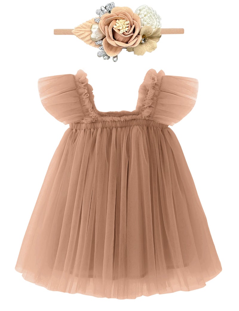 ANHDM Baby Girl Half Birthday Outfit 1/2 Halfway to One Short Sleeve Tulle Dress with Flower Headband, Brown, 9 Months=Tag 80 - Image 1