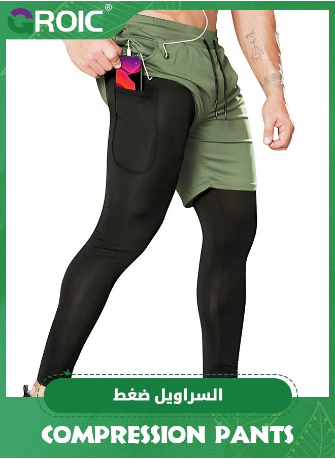 GROIC - Men's 2 in 1 Running Tights Gym Pants Compression Athletic Pants Workout Legging Sweatpants with Pocket Towel Loop, 2 in 1 Running Tights Workout Legging Sweatpants - Image 1