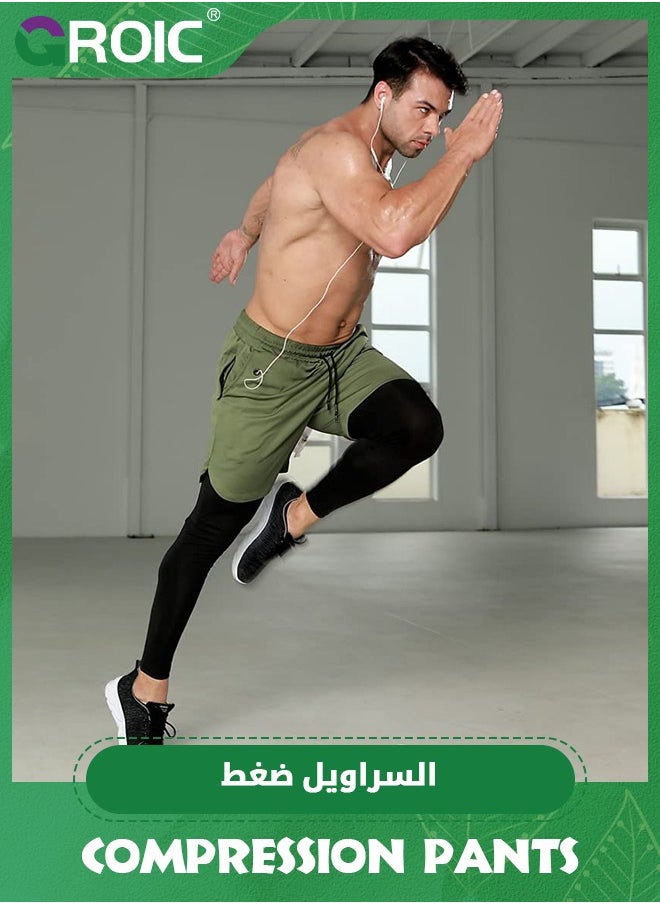 GROIC - Men's 2 in 1 Running Tights Gym Pants Compression Athletic Pants Workout Legging Sweatpants with Pocket Towel Loop, 2 in 1 Running Tights Workout Legging Sweatpants - Image 1