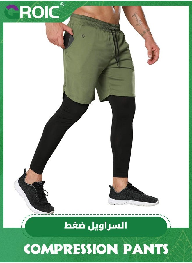 GROIC - Men's 2 in 1 Running Tights Gym Pants Compression Athletic Pants Workout Legging Sweatpants with Pocket Towel Loop, 2 in 1 Running Tights Workout Legging Sweatpants - Image 1