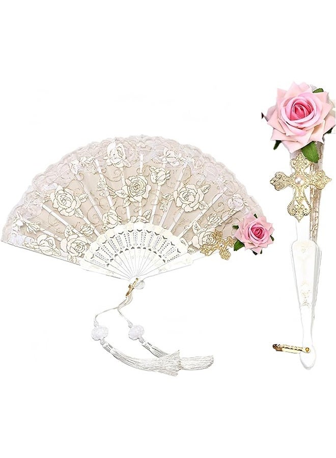 ليمون مروحة يدوية قابلة للطي، مروحة يدوية عتيقة من الدانتيل، قابلة للطي، مزينة بشرابة أنيقة، مثالية لحفلات الزفاف وعروض الرقص - Image 1