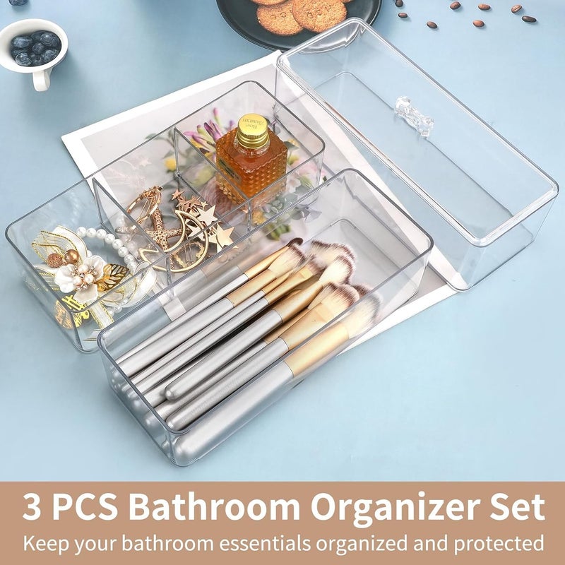 KASTWAVE Square Q-tips Holder Dispenser, Plastic Clear Acrylic Cotton Storage Box, 3-Pack Stackable(1 with Compartments & Lid, 2 without Compartments & Lid) for Cosmetic Hair Tie Lipstick Brush - Image 3
