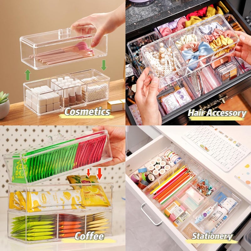 KASTWAVE Square Q-tips Holder Dispenser, Plastic Clear Acrylic Cotton Storage Box, 3-Pack Stackable(1 with Compartments & Lid, 2 without Compartments & Lid) for Cosmetic Hair Tie Lipstick Brush - Image 4