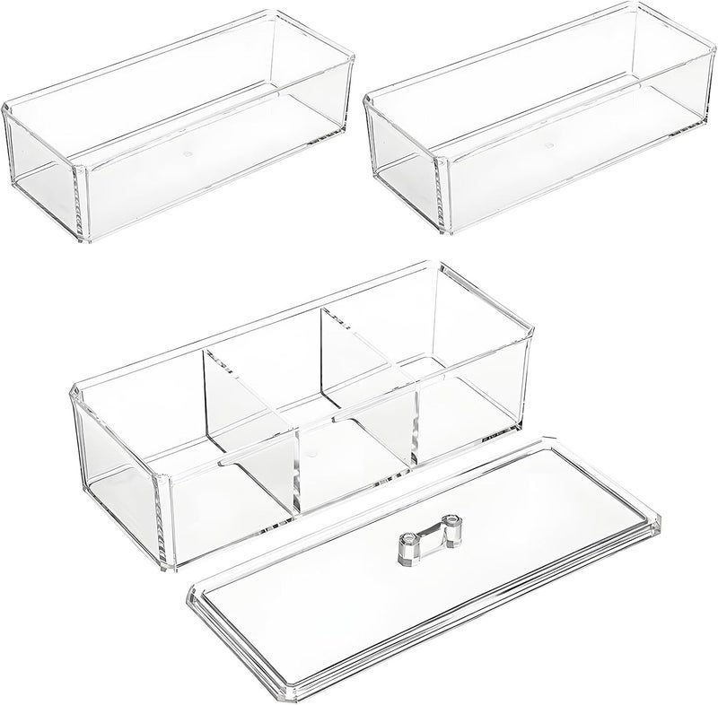 KASTWAVE Square Q-tips Holder Dispenser, Plastic Clear Acrylic Cotton Storage Box, 3-Pack Stackable(1 with Compartments & Lid, 2 without Compartments & Lid) for Cosmetic Hair Tie Lipstick Brush - Image 1