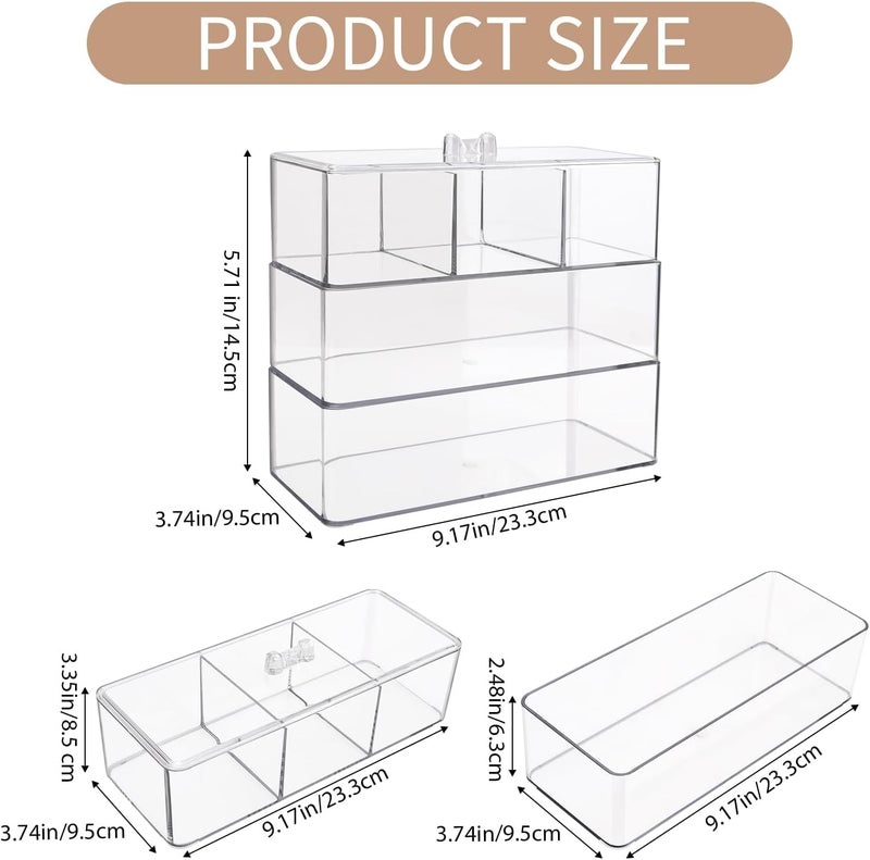 KASTWAVE Square Q-tips Holder Dispenser, Plastic Clear Acrylic Cotton Storage Box, 3-Pack Stackable(1 with Compartments & Lid, 2 without Compartments & Lid) for Cosmetic Hair Tie Lipstick Brush - Image 5