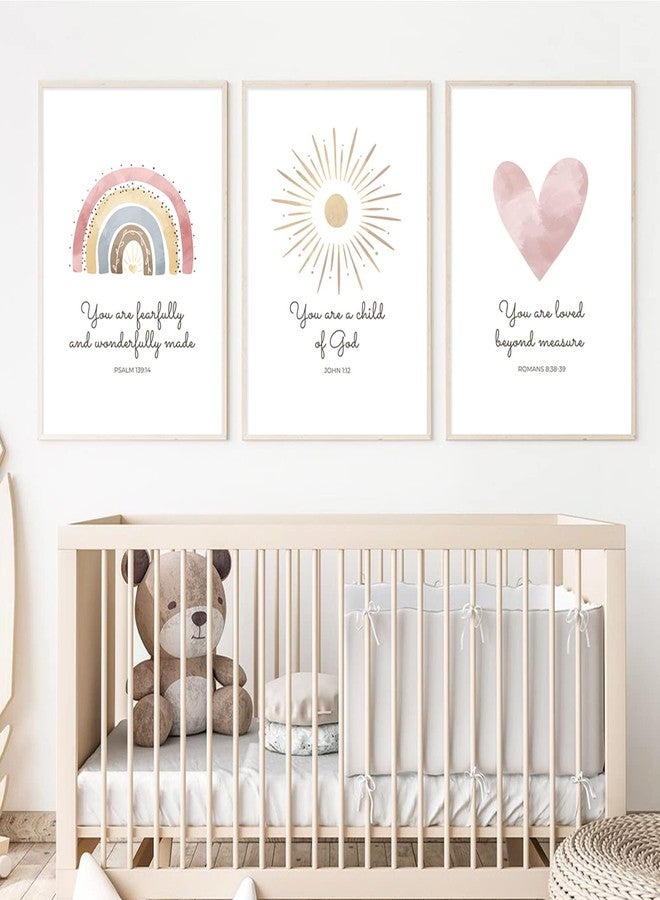 Pennclys Boho Nursery Wall Art 3 Pieces Bible Verse Nursery Art Christian Girls Nursery Wall Art Heart Rainbow Sun Nursery Art Print Boho Sunshine Decor for Girl Baby Kid Room Decor 12x16 Inch Unframed - Image 1