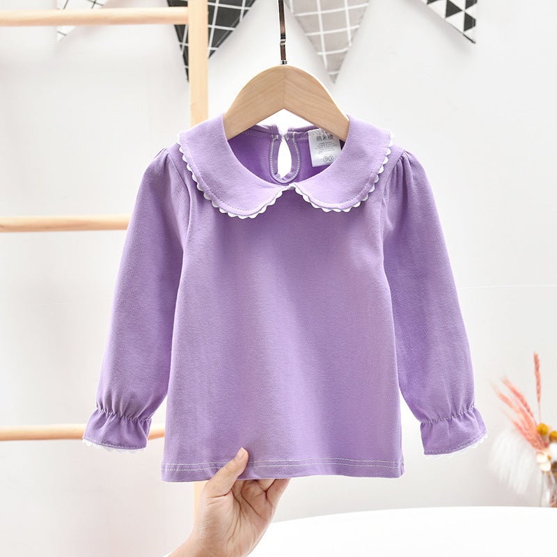 Children'S Wear 2021 Autumn Girls' Solid Color Doll Collar Base Shirt Korean Style Long Sleeve T-Shirt Baby Top - Image 3