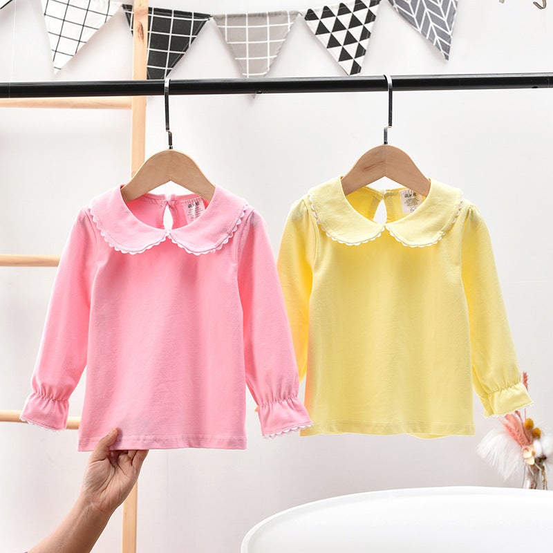 Children'S Wear 2021 Autumn Girls' Solid Color Doll Collar Base Shirt Korean Style Long Sleeve T-Shirt Baby Top - Image 2