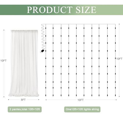 Xiomot Tulle Backdrop Curtain with Lights String 10FT X 10FT Ivory Sheer Tulle Backdrop Curtains for Wedding Birthday Party Reception Photo Booth Background Decorations 2 Panels 5x10FT - Image 3