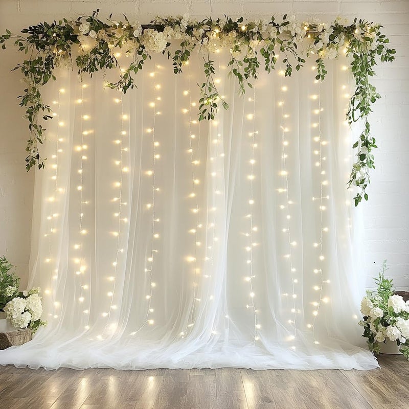 Xiomot Tulle Backdrop Curtain with Lights String 10FT X 10FT Ivory Sheer Tulle Backdrop Curtains for Wedding Birthday Party Reception Photo Booth Background Decorations 2 Panels 5x10FT - Image 2