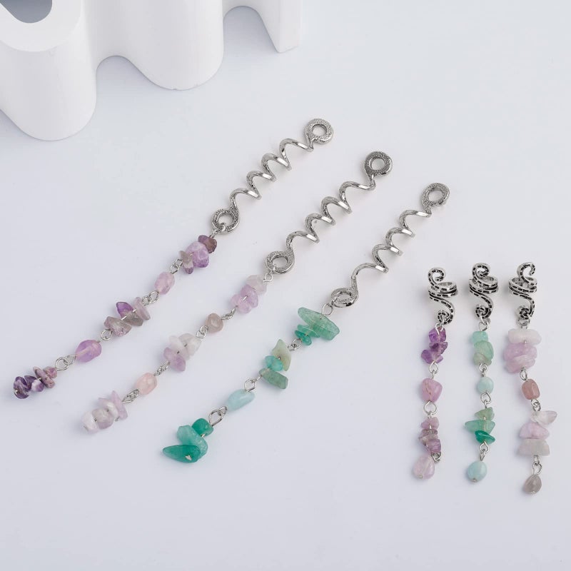 FRDTLUTHW Colored Natural Stone Tassels Hair Jewelry for Braids, Crystal Dreadlock Accessories Hair Charms for Women(Silver, pack of 6) - Image 4