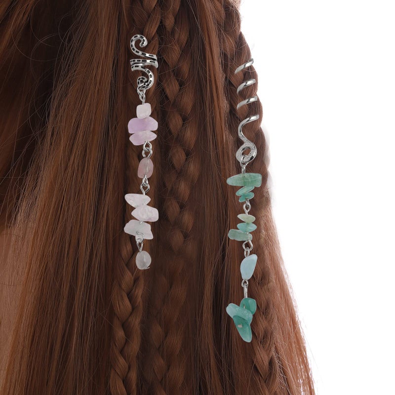 FRDTLUTHW Colored Natural Stone Tassels Hair Jewelry for Braids, Crystal Dreadlock Accessories Hair Charms for Women(Silver, pack of 6) - Image 2