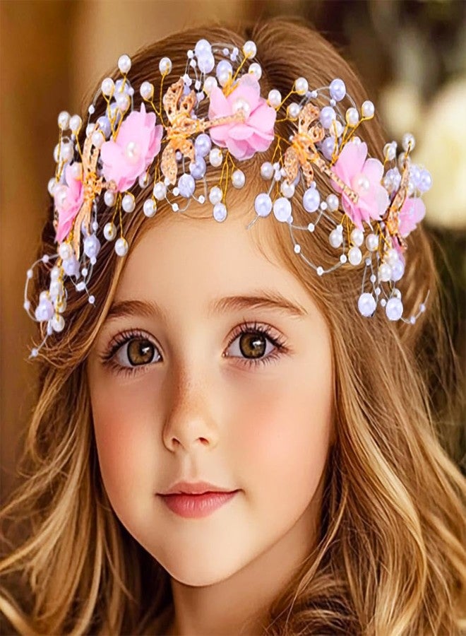 ووي طوق رأس للفتيات الصغيرات من Woeoe، قطعة رأس مزينة بالزهور الوردية، إكسسوار شعر زفاف للفتيات - Image 1