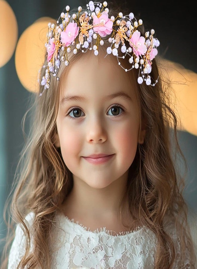ووي طوق رأس للفتيات الصغيرات من Woeoe، قطعة رأس مزينة بالزهور الوردية، إكسسوار شعر زفاف للفتيات - Image 3