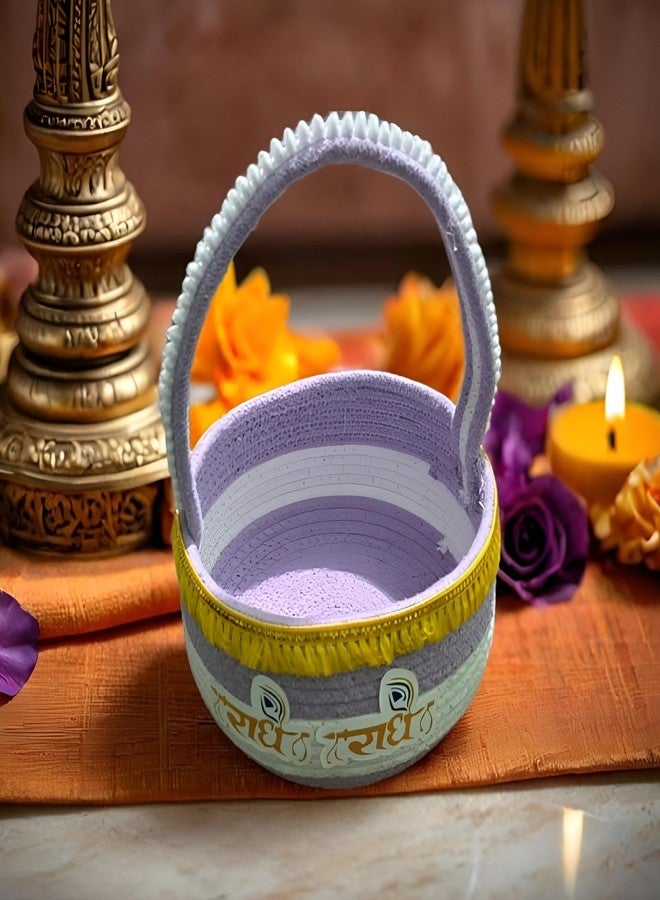 ROYAL TREND سلة حمل مزخرفة من رويال تريند، تحمل صورة بال جوبال ثاكور جي، للاستخدام اليومي، مزودة بمقبض مناسب، تحتوي على تمثال كريشنا، سلة هدايا مزخرفة، ديكور ديني هندي تقليدي (بنفسجي). - Image 2