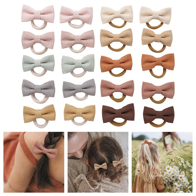 Fancy Clouds Baby Toddler Girls Hair Ties with Linen Bows, 20 pcs No Damage Elastic Nylon Ponytail Holders, Small Hair Accessories for Thick or Thin Hair - Image 1