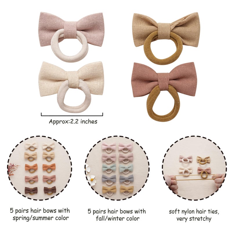 Fancy Clouds Baby Toddler Girls Hair Ties with Linen Bows, 20 pcs No Damage Elastic Nylon Ponytail Holders, Small Hair Accessories for Thick or Thin Hair - Image 4