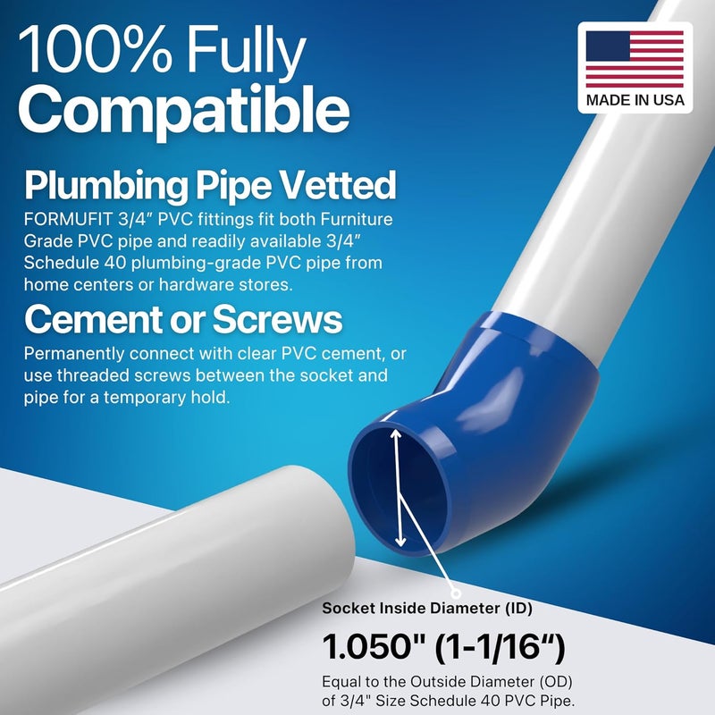 FORMUFIT 3/4" 45 Degree Furniture Grade PVC Fitting in Blue, Made in USA, UV-Resistant, Impact-Proof, 1.050” Actual Socket Diameter (Pack of 8) - F03445E-BL-8 - Image 5
