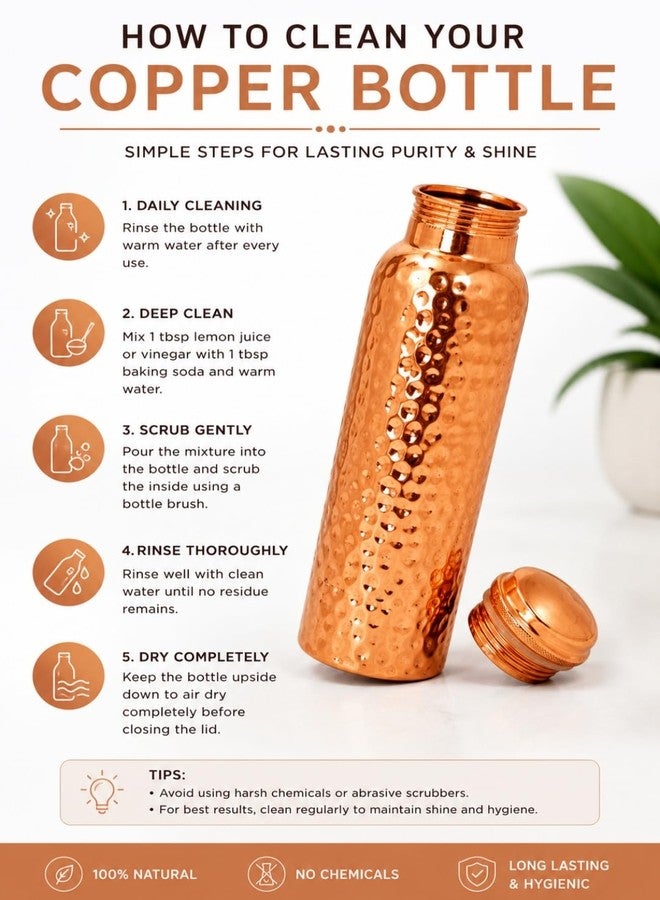 Pure Copper Water Bottle 32 oz (950ml) – Hammered Handmade Copper Bottle, Leakproof, BPA Free, Reusable Water Bottle for Home, Office, Travel & Yoga - Image 4