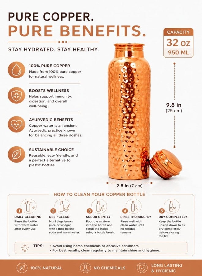 Pure Copper Water Bottle 32 oz (950ml) – Hammered Handmade Copper Bottle, Leakproof, BPA Free, Reusable Water Bottle for Home, Office, Travel & Yoga - Image 3