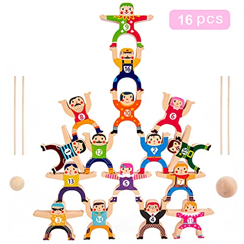 moopok Wooden Stacking Toys16Pcs Circus Hercules Acrobatic Troupe Interlock ToyBalancing Building Blocks Game Toddler Puzzle Toysfor 3 4 5 6 Years Old Kids Adults - Image 1