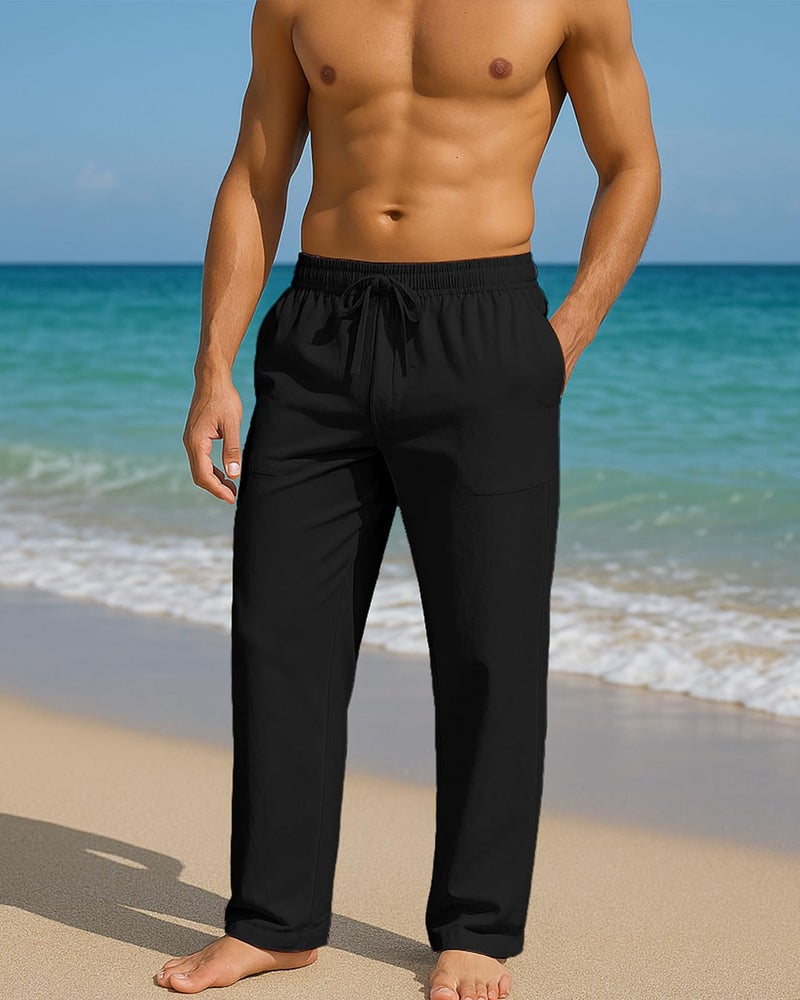 PIDOGYM Mens Cotton Linen Pants, Summer Beach Pants Casual Loose Fit with Elastic Waist Drawstring Black - Image 4