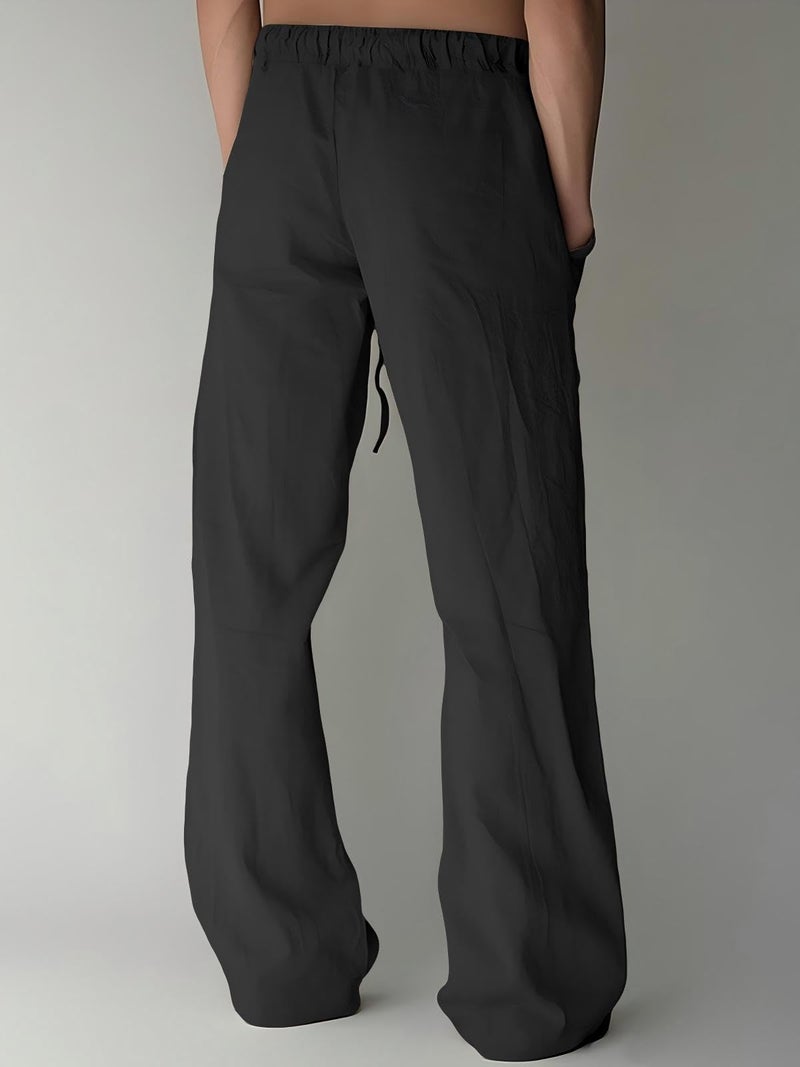 PIDOGYM Mens Cotton Linen Pants, Summer Beach Pants Casual Loose Fit with Elastic Waist Drawstring Black - Image 3