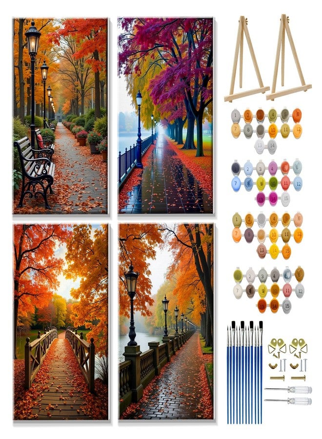 JOOZ 4 Pack Paint by Numbers Kit for Adults with Frame Autumn Landscape Paint by Number with Easel DIY Fall Forest Adult Paint by Number Kits Oil Painting by Numbers for Home Wall Decor 8x12 Inch - Image 1