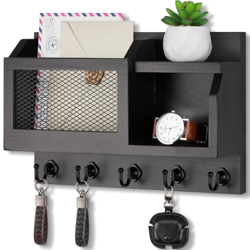 Nekon Key Holder Wall Mount with Mail Slot 118 W x 75 H x 31 D Modern Farmhouse Key and Mail Organizer with 5 Hooks for Home Decor Black - Image 1