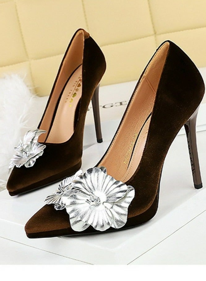 BIGTREE Women's Suede Closed Pointed Toe Stiletto Pump Floral Decoration Elegant High Heels Dark Brown 11CM  - Image 1