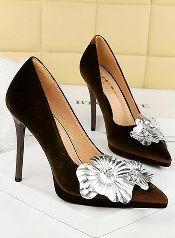 BIGTREE Women's Suede Closed Pointed Toe Stiletto Pump Floral Decoration Elegant High Heels Dark Brown 11CM  - Image 2