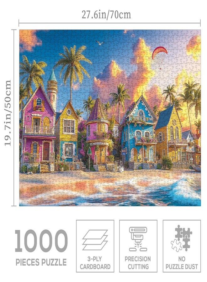 BBOLDIN أحجية شاطئ المحيط الصيفية 1000 قطعة للبالغين، أحجية منزل ملون عند غروب الشمس في هاواي، أحجية فنية رومانسية على شاطئ البحر - Image 3
