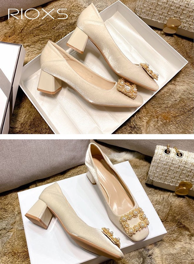 RIOXS Womens Low Chunky Heel Square Toe  Pumps, 5cm Casual Sparkly Slip On Dress Shoes with Pearl for Ladies, Comfortable Block Heeled Dressy Pumps for Wedding Party Prom Office Work - Image 3