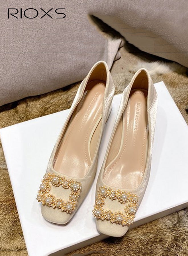 RIOXS Womens Low Chunky Heel Square Toe  Pumps, 5cm Casual Sparkly Slip On Dress Shoes with Pearl for Ladies, Comfortable Block Heeled Dressy Pumps for Wedding Party Prom Office Work - Image 2