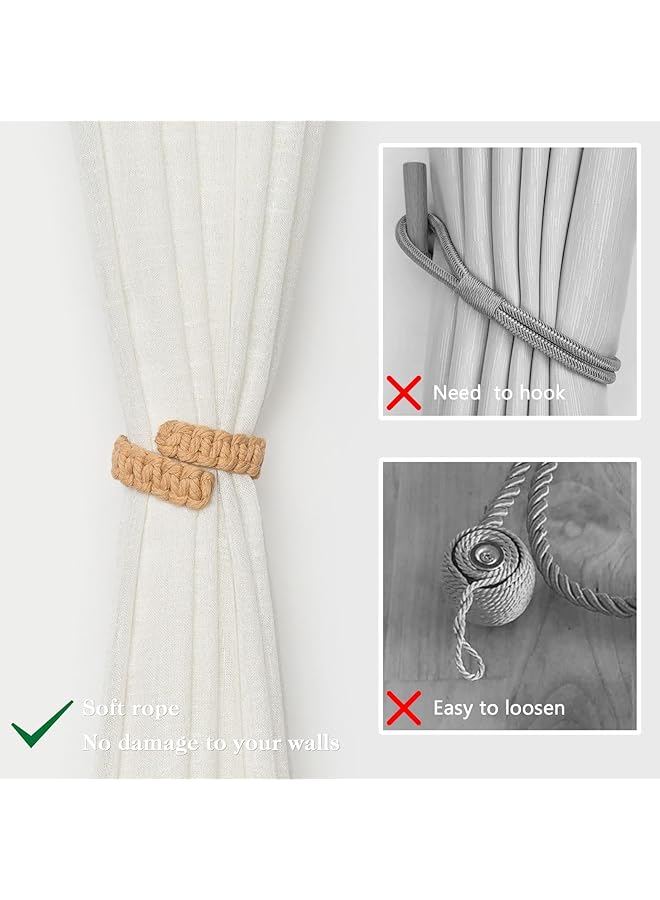 إيروريكس مجموعة من 2 رباط ستائر مغناطيسي من حبل القطن الطبيعي، رباط ستائر على الطراز الريفي الريفي، رباط ستائر مضفر يدويًا للمنزل والمكتب، شفاف C، بيج غامق - Image 2