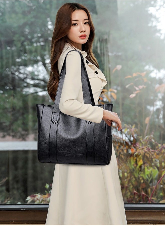 DUNISO - Women's tote bag, large capacity soft PU leather shoulder bag ，handbag, scratch resistant, wear resistant, waterproof suitable for storing mobile phones, power banks, umbrellas, cosmetics, 28 * 35 * 11cm, black - Image 1