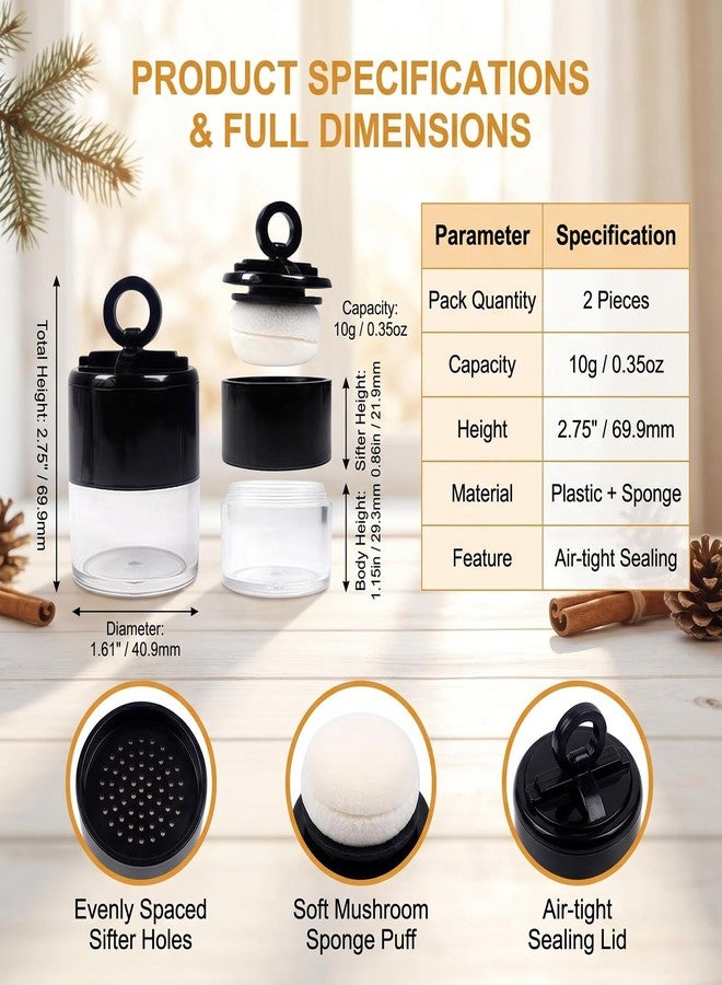 VANTOBEST 2-Pack 10g/0.34oz Black Mini Powder Containers Refillable Loose Powder Box with Sifter Puff Cap DIY Makeup Case for Foundation Blusher Finishing Powder - Image 2