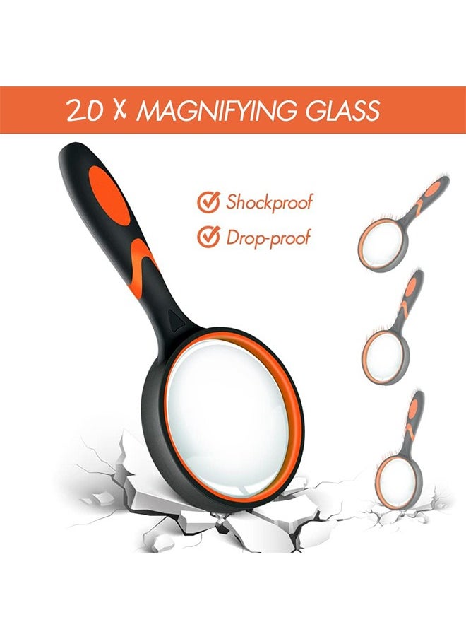 HY - Handheld Magnifying Glass, 20X Magnifying Glass 2 Pack 75MM, Shatterproof Reading Magnifier for Seniors and Kids with Non Slip Rubber Handle for Reading Hobbies Science (Orange and Green) - Image 1