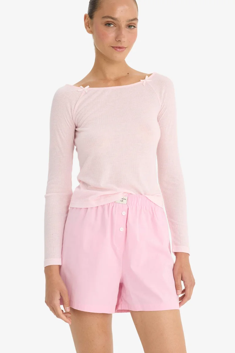 Defacto Regular Fit Boat Neck Long Sleeve Rib Pyjamas Top