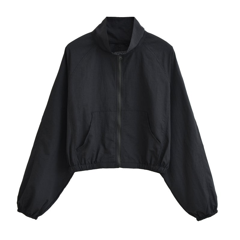 European and American Style Distinctive Street Collar Zipper Coat Womens Autumn New Loose Short Waisted Jacket Long Sleeve Top Black 