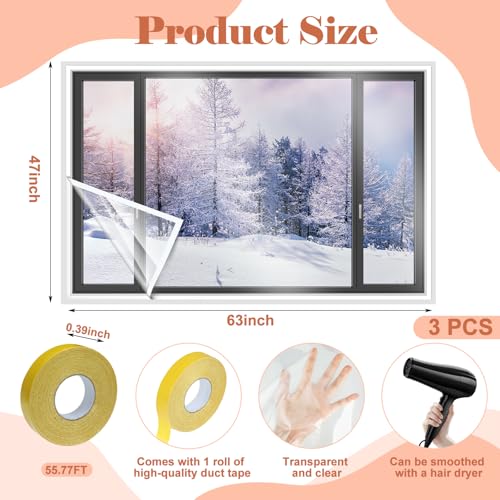 Chivertion 3 Pcs Window Insulation Kit Total 63 141 Inches Cuttable Transparent Film with Adhesive Straps Pof Shrink Film Window Plastic for Patio Winterizing Thicken Warm Winter Waterproof Insulation Cover - Image 3
