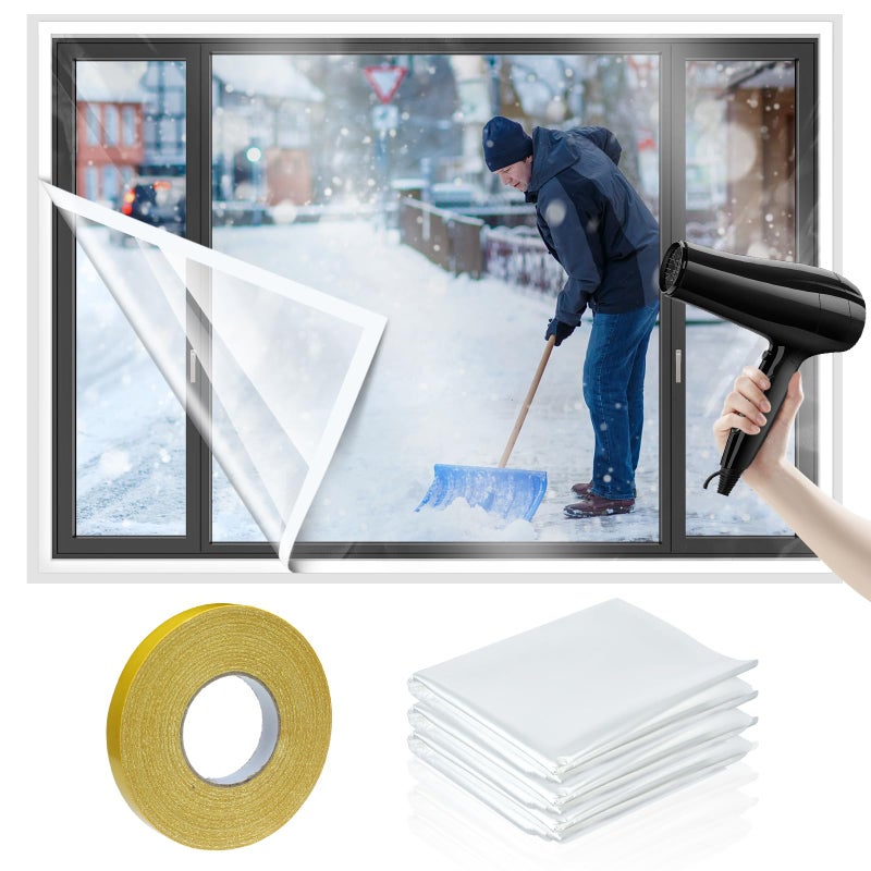 Chivertion 3 Pcs Window Insulation Kit Total 63 141 Inches Cuttable Transparent Film with Adhesive Straps Pof Shrink Film Window Plastic for Patio Winterizing Thicken Warm Winter Waterproof Insulation Cover - Image 2