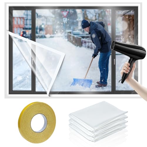 Chivertion 3 Pcs Window Insulation Kit Total 63 141 Inches Cuttable Transparent Film with Adhesive Straps Pof Shrink Film Window Plastic for Patio Winterizing Thicken Warm Winter Waterproof Insulation Cover - Image 1