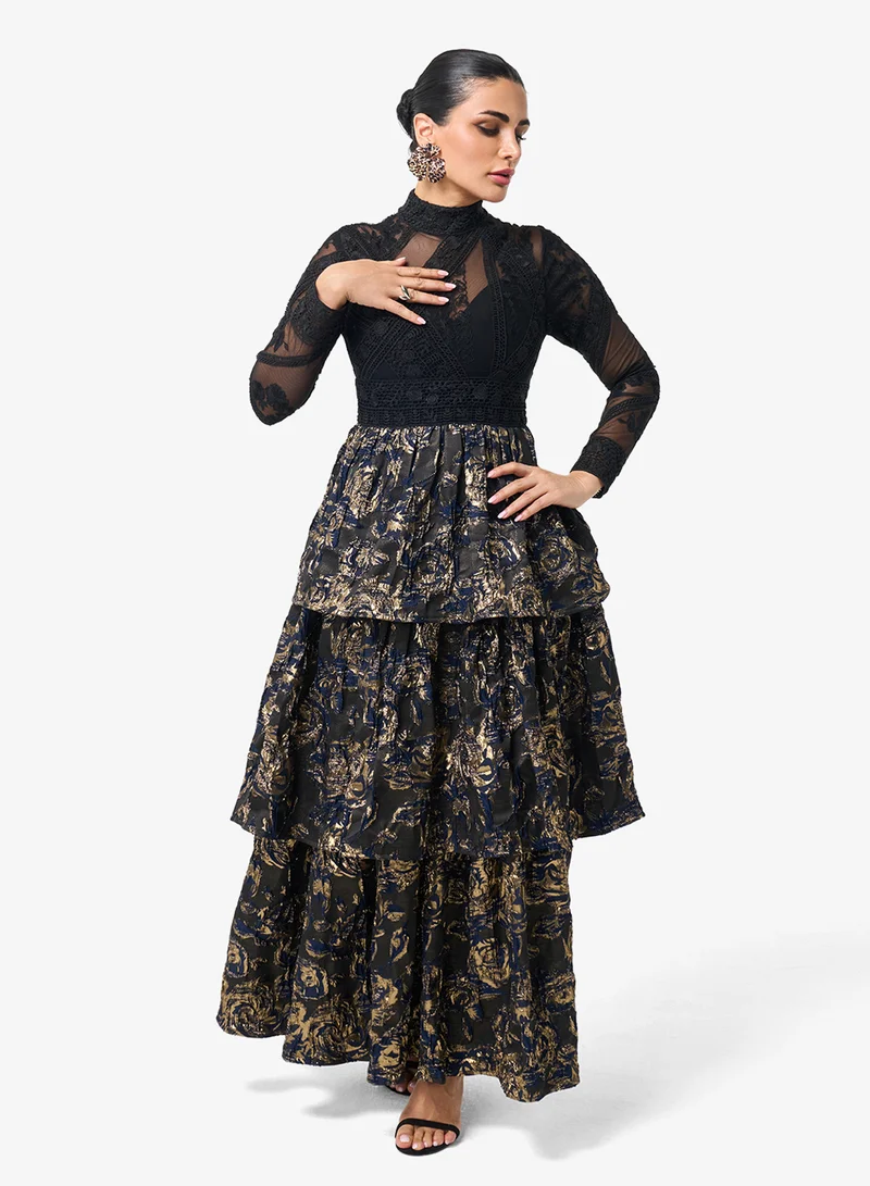 Threadz by Ajooni  Lace Detail Ruffle Maxi Dress for Women | Best Price UAE