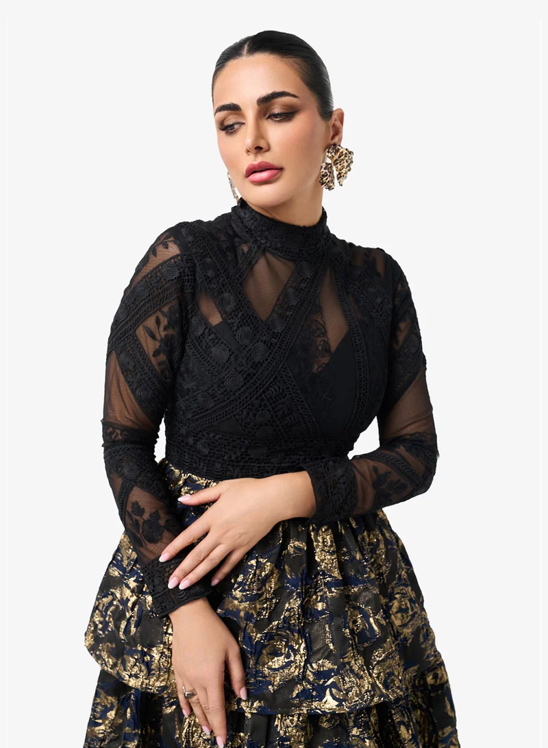 Threadz by Ajooni  Lace Detail Ruffle Maxi Dress for Women | Best Price UAE