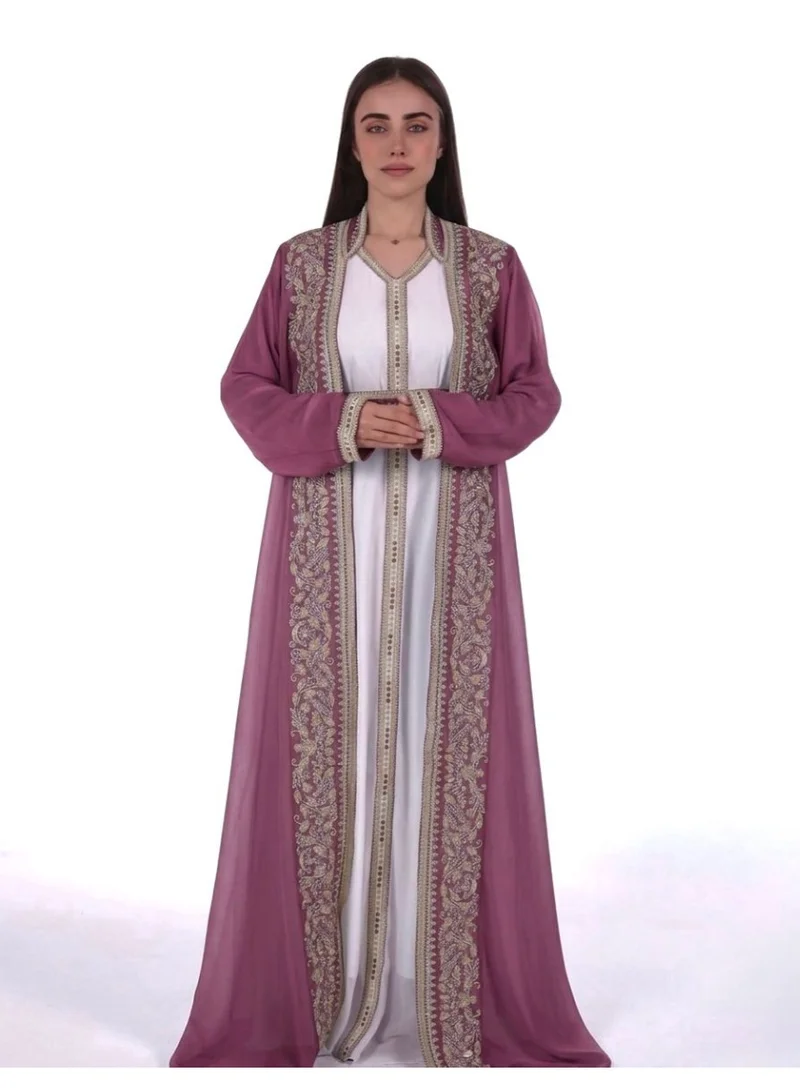 emboidered belted chiffon kaftan dress