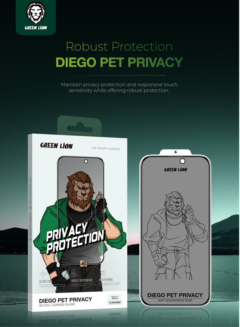 GREEN LION iPhone 16 Screen Protector Diego Pet Privacy Full Curved Glass / Anti Peeping / Anti Fingerprint / Anti Scratch / Anti Shatter Soft Edge / Grease Resistance / Highly Responsive - Black Edge/Privacy - Image 2