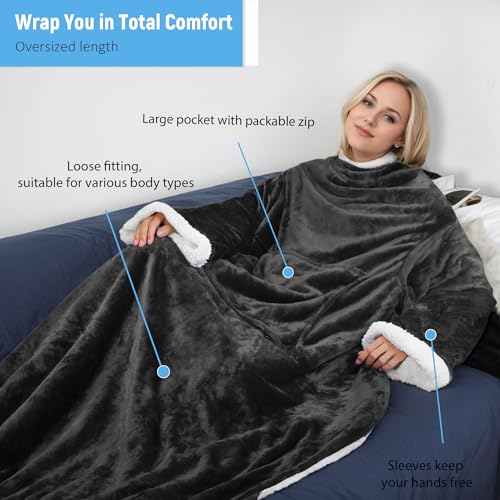 Catalonia Sherpa Wearable Blanket with Sleeves Arms, Super Soft Snuggly Body Blanket for Adult Women and Men, Portable, Gift for Her - Image 3