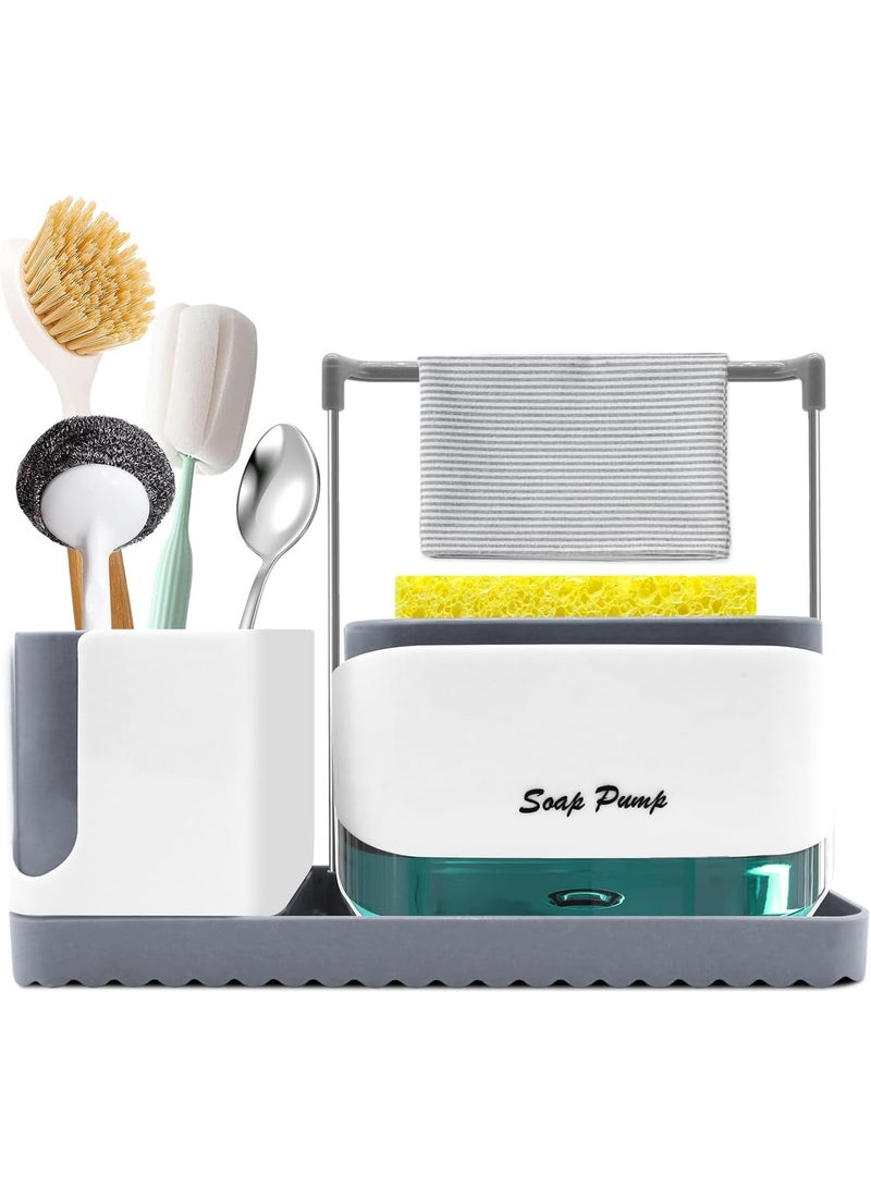KITCHENOO Sink Organiser Set, Washing Up Liquid Dispenser with Tray and Sponge Holder, Detergent, Refillable, Suitable for Kitchen Sink (White) - Image 1